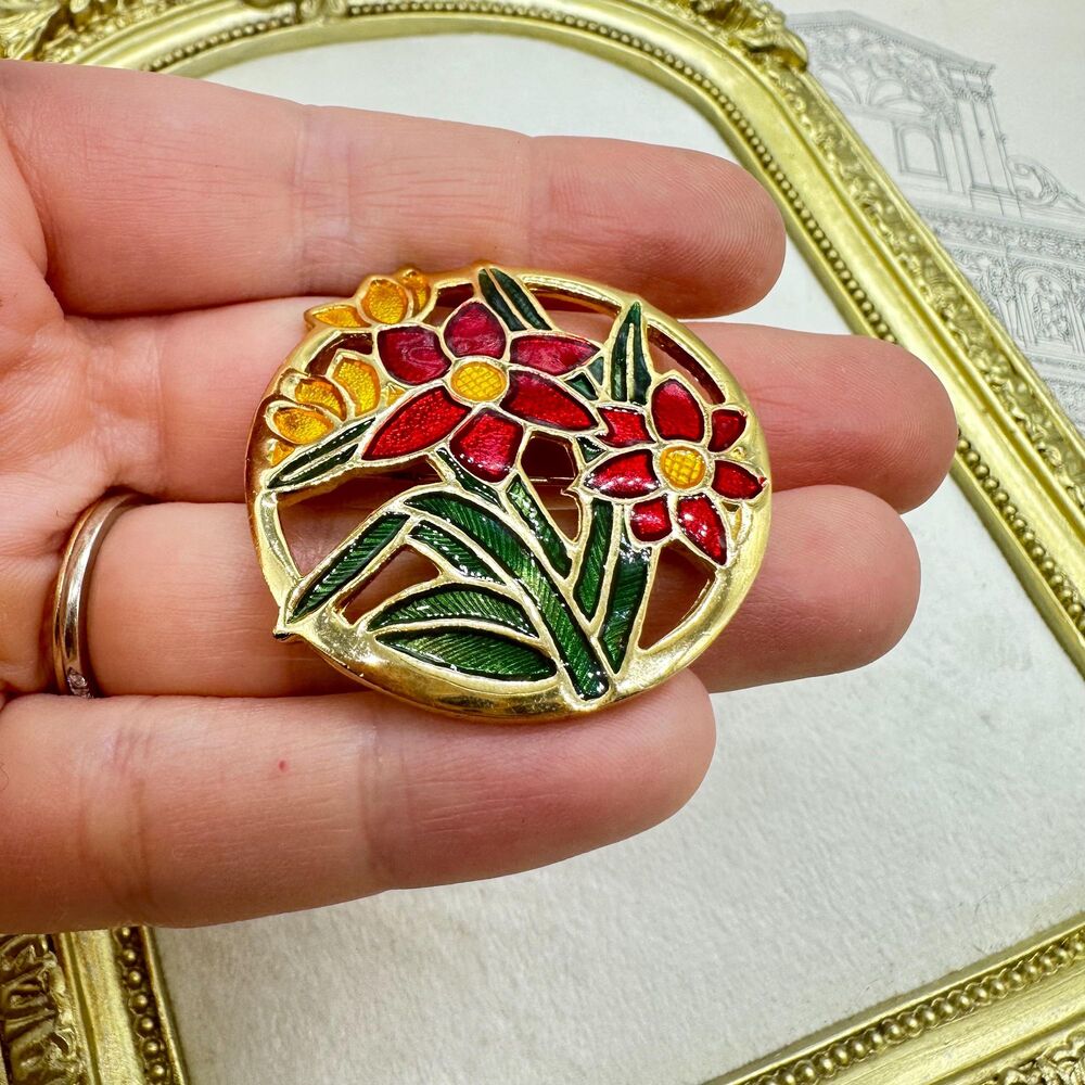 Vintage Jewelry Red Flower Cloisonne Enamel Gold Tone Floral Brooch Daisy Pin - Picture 2 of 4